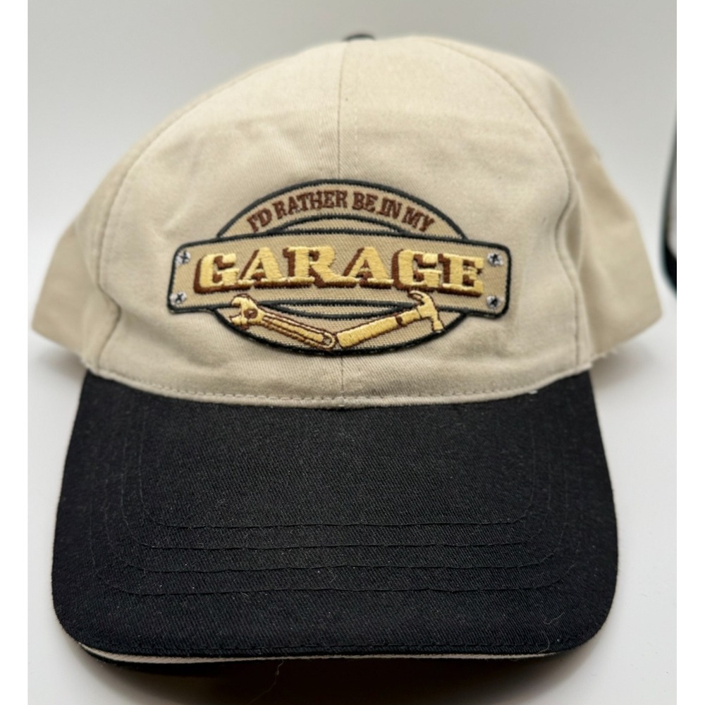 I'd Rather Be in My Garage Hat Beige Cap Adjustable Cap Black Brim Father's Day